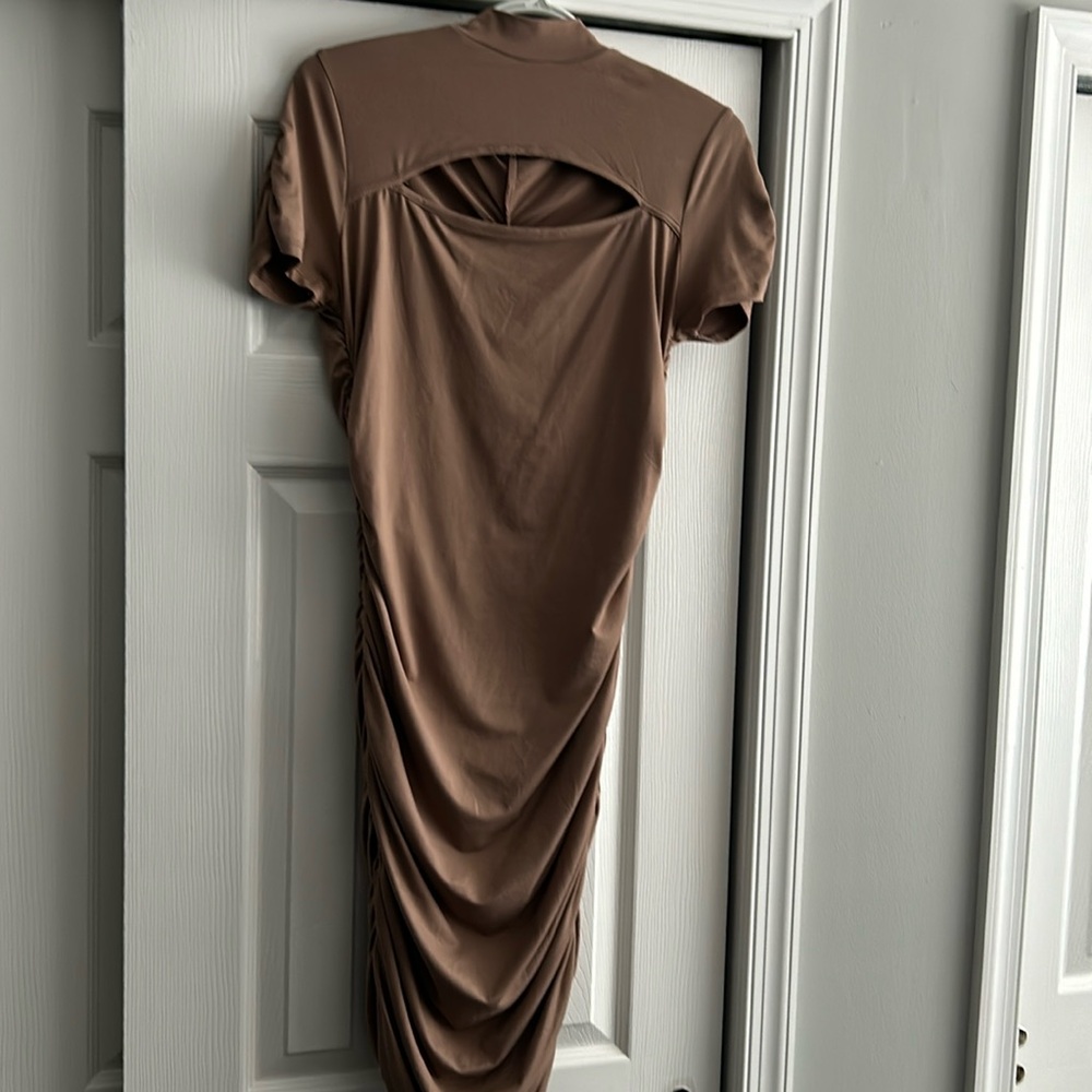 Nude ruched peekaboo maternity dress